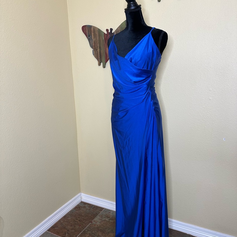 Scala Blue Ruched Backless Gown